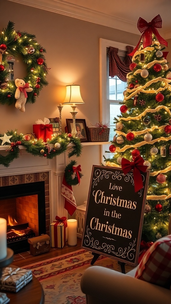 A warm and inviting Christmas living room with a decorated tree and a quote sign.